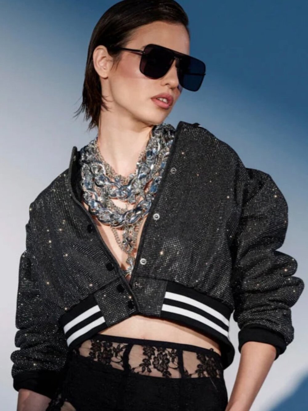 WOW AKIRA SPOTLIGHT Rhinestone Cropped Varsity Bomber Jacket